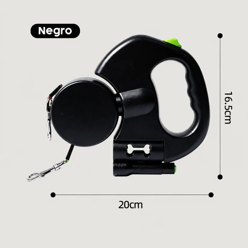 Correa doble retráctil 360 grados para perros color negro con dispensador de bolsas y linterna LED