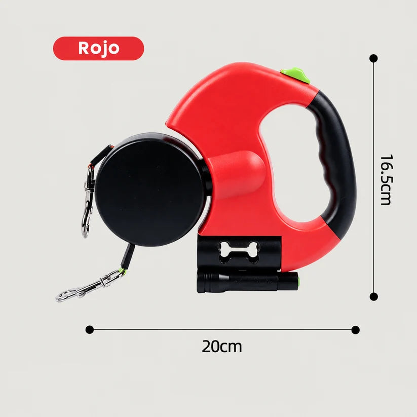 Correa doble retráctil 360 grados para perros color rojo, 20x16.5cm, con dispensador de bolsas y linterna LED